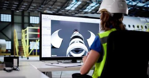 Engineer Designing Aircraft Model Using 3D CAD Program At Factory. Stock Photos