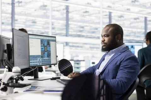 Engineer designs cutting edge SoC architecture in manufacturing facility office Stock Photos