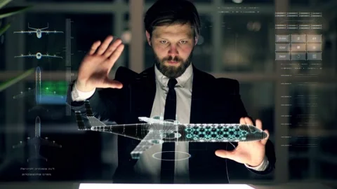 Engineer designs full electric aircraft using futuristic programs and Vídeo Stock 149477213