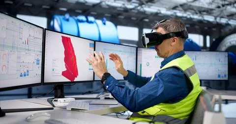 Engineer Designs Gas Refinery With AR And Virtual Reality Glasses. Stock Photos