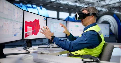 Engineer Designs Gas Refinery Using Virtual Reality And AR 3D Glasses. Stock Photos