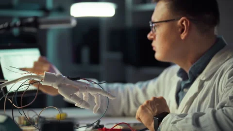 Engineer designs robotic hand during evening work session in laboratory Stock Footage 331303710