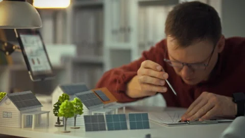 Engineer designs solar solutions with 3D models at workspace Stock Footage 323765362