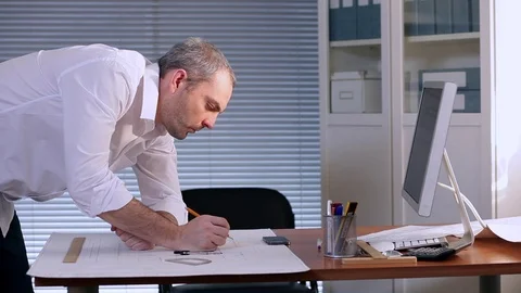 Engineer Designs the system of air-conditioning Stock Footage 70240863