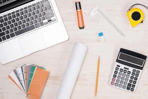 Engineer desk background ,project ideas concept Stock Photos