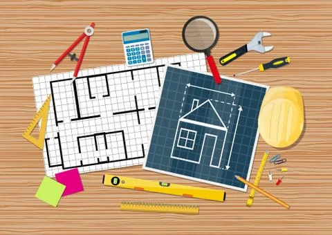 Engineer desk. blueprint with tools Illustrazione stock