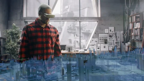 Engineer Developing 3D City Models in VR Environment Holographic Urban Design 스톡 동영상 284955895