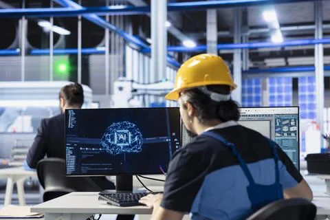 Engineer developing AI diagnostics tool in photovoltaic factory Stock Photos