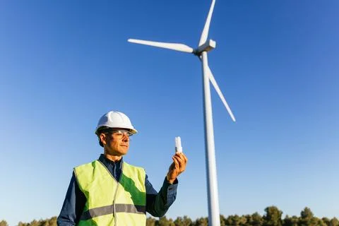 Engineer developing renewable energy in a wind farm. Stock Photos