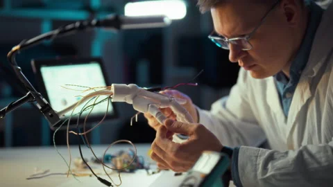 Engineer develops robotic hand in high-tech lab setting while focused on int 스톡 동영상 331296824