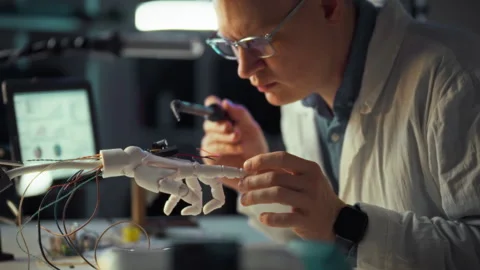 Engineer develops robotic hand prototype in laboratory setting for enhanced Stock Footage 331303800