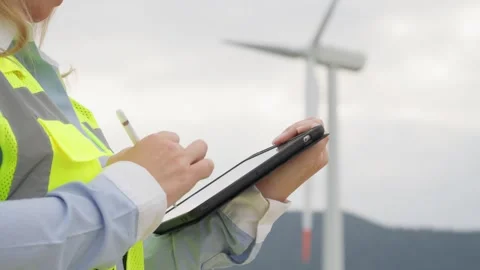 An engineer with a digital tablet analyzes the results of using wind turbines Stock Footage 274297949