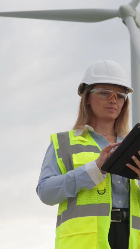 An engineer with a digital tablet monitors the operation of wind turbines Stock Footage 272312890