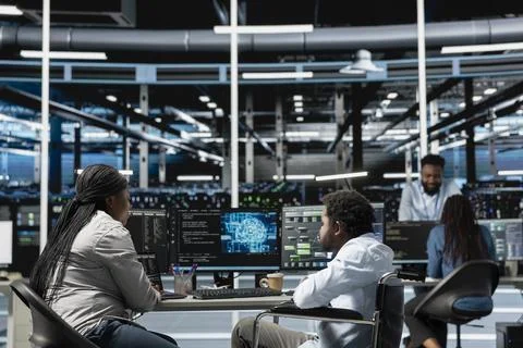 Engineer with disability and manager inspecting neural network data center Foto stock