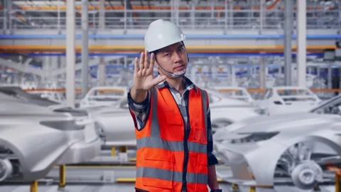 Engineer Disapproving With No Hand Sign In Car Factory Stock Footage 331576225