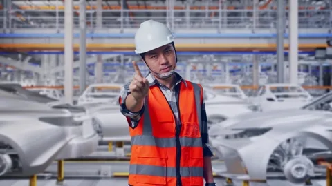 Engineer Disapproving With No Index Finger Sign In Car Factory Stock Footage 331576372