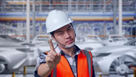 Engineer Disapproving With No Index Finger Sign In Car Factory Stock Footage 331577814