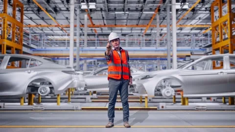 Engineer Disapproving With No Index Finger Sign In Car Factory Stock Footage 331579657