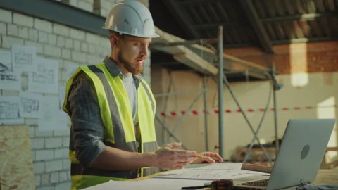 Engineer Discussing Floor Plan on Video Call at Construction Site Vídeos de archivo 273482355