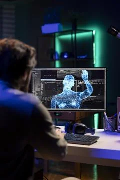 Engineer discussing with sentient AI gaining humanoid form, greeting its creator 스톡 사진
