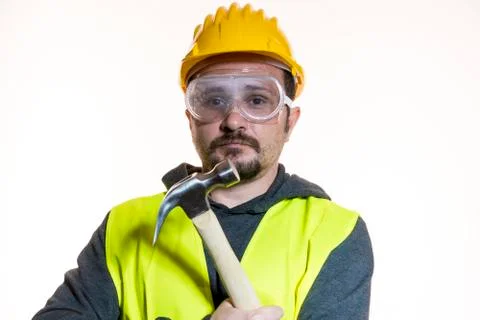 Engineer Do it yourself, man dressed in yellow builder helmet with protective Stock Photos