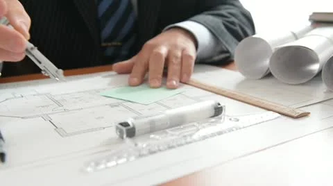 Engineer does measuring on a draft and writes down marks Stock Footage 12440898