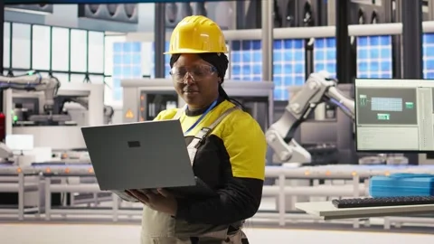 Engineer does predictive maintenance using laptop, analyzing IoT sensor data Stock Footage 308722206
