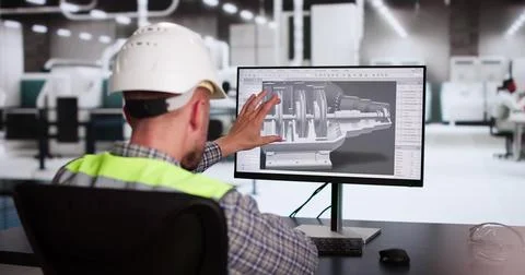 Engineer Doing 3D CAD Model Design On Computer At Factory 写真素材