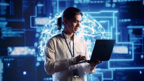 Engineer doing AI human brain simulation Stock Photos