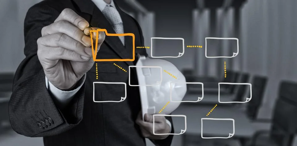 Engineer draw blank folder icon on touch screen computer Foto stock