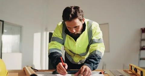 Engineer, drawing and project with man and blueprint for property surveyor Stock Photos