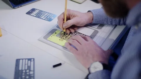 Engineer Drawing with Pencil and Stencil on Paper, Close Up Detail Shot Vídeo Stock 341452177
