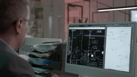 Engineer draws building blueprint with computer software Stock Footage 249307488