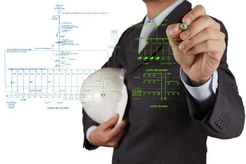 Engineer draws an electronic single line and fire alarm riser schematic Stock Illustration