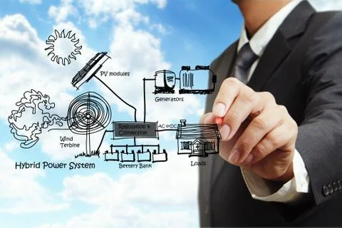 Engineer draws hybrid power system イラスト素材