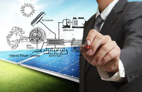 Engineer draws hybrid power system,combine multiple sources diagram Illustrazione stock