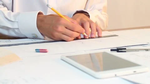 Engineer Draws By Using A Ruler And Pencil Video stock 91754221