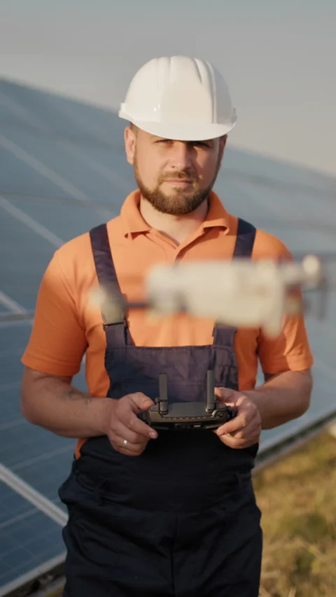 Engineer with Drone at Solar Panel Stock Footage 317176231