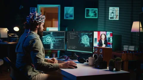 Engineer with EEG headset on merging with artificial intelligence Stock Footage 266949890