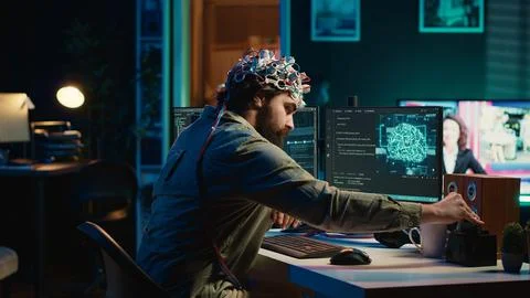 Engineer with EEG headset on merging with artificial intelligence Stock Photos