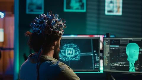 Engineer with EEG headset on merging with artificial intelligence 写真素材