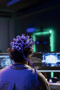 Engineer with EEG headset on programming brain transfer into virtual world Stockfoto's