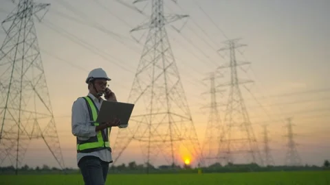 Engineer Electric working outside Stock Footage 148349041