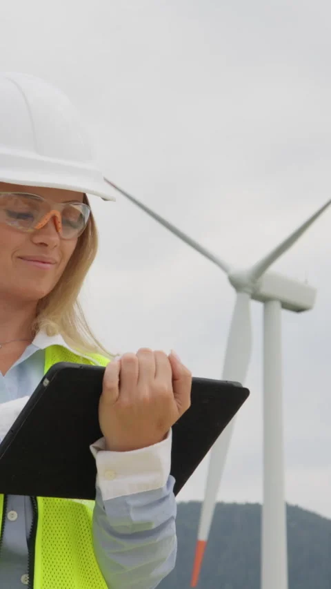 An engineer with an electronic tablet develops a strategy for renewable wind 스톡 동영상 266268081