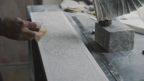 Engineer Engraver applies a varnish on the surface of a marble slab to fix a pen 스톡 동영상 99039375