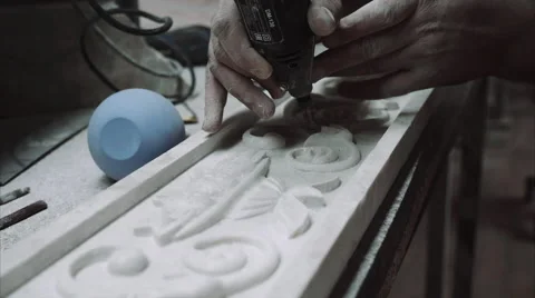 Engineer engraver working with tools on a marble ornament plate, close up 스톡 동영상 68074704