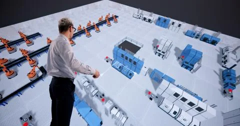 Engineer Enhancing Industrial Machine Arrangement With Immersive 3D Visualiza Stock Photos