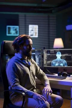 Engineer entering trance, receiving commands from artificial intelligence Stock Photos