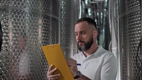 Engineer evaluates the operation of technical devices and wort tanks Stock Footage 270058313