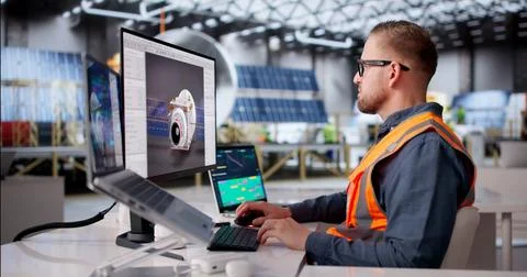 Engineer Evaluates Satellite Solar Panels In Development Lab Stock Photos